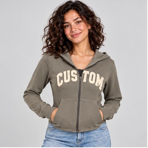 Sweat à capuche zippé en polaire pour femme, imprimé personnalisé, vert olive, décontracté, avec poches kangourou avant, vente en gros - Product Image 1