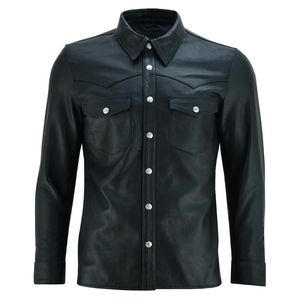 เสื้อเชิ้ตหนังสีดำสำหรับผู้ชาย แขนยาว ปกคอพับ สไตล์ลำลอง แนวไบค์เกอร์ สีพื้น ใส่ได้ในฤดูใบไม้ร่วง - Product Image 3
