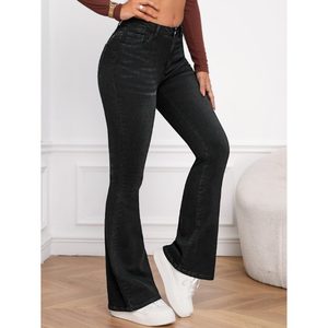 Jean en denim pour femme coupe bootcut skinny, taille haute élastique, 100% coton, écologique, lavable, respirant, style vintage urbain - Product Image 2