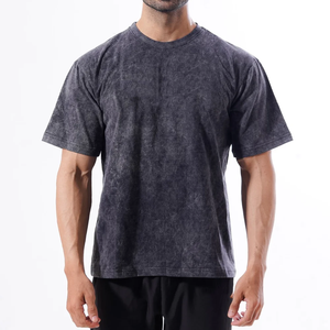 T-shirt en coton décontracté à col rond et manches courtes pour homme, coupe régulière, couleur unie, effet délavé, tricot jersey, noir et gris, vente en gros 2026 - Product Image 1