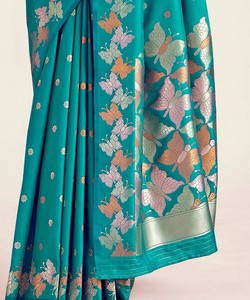 Teal Silk Saree With Butterfly Print Traditional Indian Wedding Wear For Women <b>Floor</b>-Length Regular Fit - Product Image 5