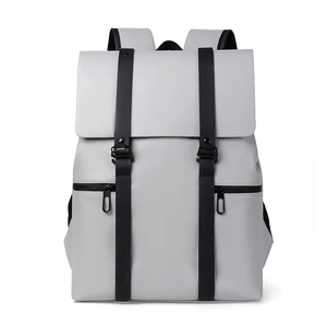 Minimalist Gray Nylon <b>Backpack</b> With Black <b>Straps</b> Buckle Closure Water Resistant Laptop Compartment Unisex 20-39L Capacity - Product Image 1