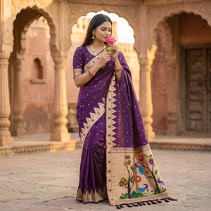 <b>Purple</b> Silk <b>Saree</b> With Peacock And Floral meenakari Weaving Traditional Indian Wedding Wear For Women - Product Image 4