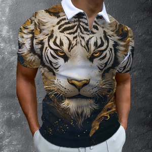 Polo Homme Imprimé Tigre Doré 3D, Sublimation, Col Zippé, Manches Courtes, Graphique, Décontracté, Luxe, Streetwear, Été, Respirant - Product Image 5