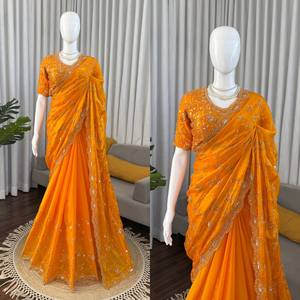 Sari de Seda para Mujer, Diseño de Alta Costura, Sin Arrugas, para Fiestas, Bodas y Diwali - Product Image 2