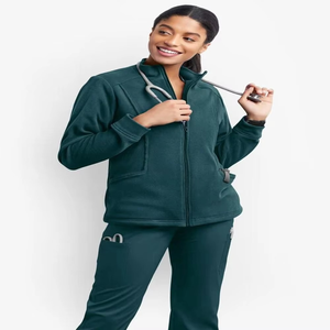 Women Medical Scrubs Fleece Jacket Set Dark Green Hospital Uniform Full Zip Front Pocket Design High Quality Women Operating - Product Image 4