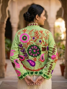 Traditional Light Green Suzani Jacket <b>for</b> <b>Women</b> Handmade TNT Fabric Colorful Floral Embroidered Ethnic Boho Fashion <b>Coat</b> - Product Image 2