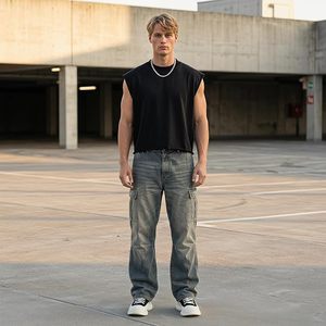 Men's Eco-Friendly Anti-Pilling <b>Cropped</b> Tank <b>Top</b> 320GSM Heavyweight 100% Cotton French Terry Boxy Oversized Fit Raw Hem - Product Image 4