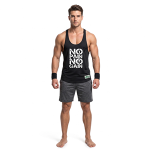 Débardeur de sport pour homme en coton 100% respirant et à séchage rapide, coupe ample, imprimé graphique, « No Pain No Gain » - Product Image 1