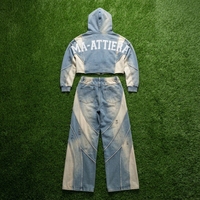 Ensemble de survêtement deux pièces pour femme : sweat à capuche court brodé uni délavé avec fermeture éclair et pantalon de jogging large avec ceinture