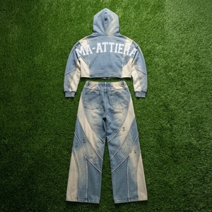 Conjunto de chándal de dos piezas para mujer: Sudadera con capucha corta bordada y cremallera, y pantalones jogger anchos con cinturón. - Product Image 6