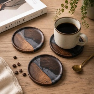 Classic Walnut Wooden Resin <b>Coaster</b> <b>Set</b> Kitchen Use Restaurant Durable Eco Friendly with Holder Model Handmade Sculpture - Product Image 3