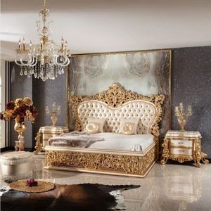 Offre Spéciale : Ensemble de Chambre Mandarin Oriental Luxe Classique Or Ivoire – Cadre de Lit Capitonnée Sculptée, Style Royal Européen Élégant - Product Image 1