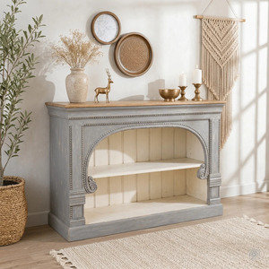 Console de présentation en bois de manguier sculpté à la main avec étagère ouverte, meuble d'entrée en bois sculpté - Product Image 2