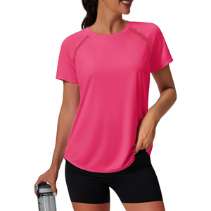 Camiseta Deportiva de Manga Corta con Cuello Redondo y Color Rosa Sólido para Mujer, de Secado Rápido, Tejido de Punto, Ajuste Deportivo, para Primavera/Verano, Gimnasio, ODM OEM - Product Image 1