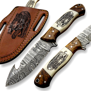 OEM Damascus Steel Hunting <b>Knife</b> Skinner, Engraved <b>Handle</b> Gut Hook Fixed Blade Camping Outdoor EDC <b>Knife</b> with Leather Sheath - Product Image 1