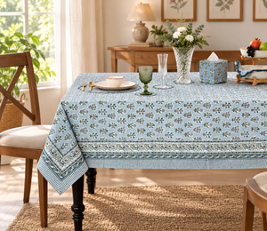 Ridhi Blue Indian Handmade Blockprint Modern Eco-Friendly Durable Washable 100% Cotton Rectangle Floral Printed <b>Tablecloth</b> - Product Image 1