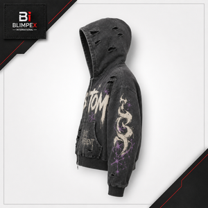 Sudadera con Capucha Personalizada con Logotipo, Estilo Desgastado, para Hombre, Talla Grande, Transpirable, Resistente al Viento, con Borde Crudo, Parche con Letras y Diseño de Salpicaduras de Color - Product Image 4