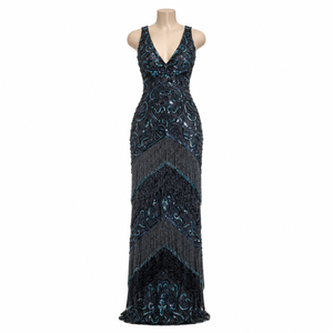 Luxury <b>Art</b> Deco Beaded Fringe Evening Gown for Women | Deep V Neck Sleeveless Formal Party Dress Elegant Prom Wedding Reception - Product Image 1