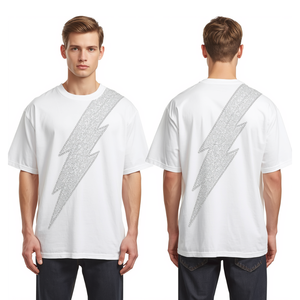 เสื้อยืดโอเวอร์ไซส์ลายกราฟิกสายฟ้าประดับคริสตัลสีขาวสำหรับผู้ชาย เสื้อผ้าแฟชั่นผ้าฝ้าย - Product Image 4