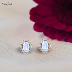 Proveedor Mayorista de Pendientes Minimalistas de Piedra Lunar Arcoíris de 0.18CTW, Oro Real de 14K, Pendientes de Diamantes para Damas de Honor, Joyería Hecha a Mano para Mujer - Product Image 1