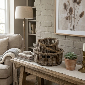 New Modern Minimalist Wholesale Set Of Three Natural Rattan Woven <b>Storage</b> <b>Baskets</b> Rustic Round <b>Wicker</b> Organizer Bins Cutout Rims - Product Image 4