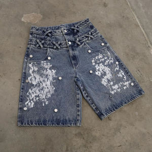 Custom <b>Men's</b> Oversize Acid Wash Oxford 100% Cotton Knee Length Casual <b>Drawstring</b> Closure High Quality <b>Jeans</b> Shorts - Product Image 3