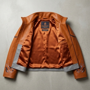 Chaqueta de Cuero Color Coñac para Hombre, con Bordado de Ojo de Fuego, Cuello Alto, Estilo Motero, Racer, Bomber, Ropa de Calle - Product Image 5
