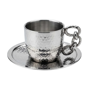 Vintage Hammered Metal <b>Tea</b> <b>Cup</b> With Saucer Chain Link Handle Silver Polished Coffee Espresso <b>Set</b> - Product Image 2