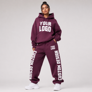 <b>Women</b> Custom Logo Tracksuit Set Hooded Full Length Sweatshirt And <b>Joggers</b> Streetwear Loose Fit <b>White</b> Print 100% Cotton - Product Image 3