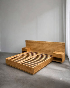 Modern Solid Teak <b>Platform</b> <b>Bed</b> <b>Frame</b> with Wide Headboard and Matching Nightstands for Luxury Hotel Bedroom Furniture - Product Image 1