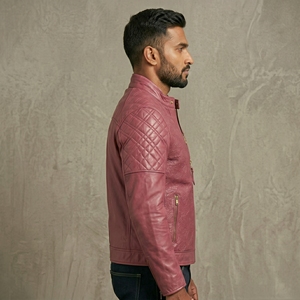 <b>Men's</b> Pink PU Leather <b>Jacket</b> Stand Collar Quilted Embossed Design Zipper Closure Slim Fit Autumn Wear Leather <b>Jacket</b> With OEM - Product Image 3