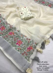 Nouvel arrivage : Saree-Blouse en lin doux avec broderie florale, bordure tissée en Zari argenté et pampilles, fournisseur indien - Product Image 6
