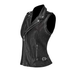 Chaleco de cuero genuino para mujer, negro, informal, sin mangas, con tachuelas, solapa y cremallera, estilo motero, top de moda, abrigo de exterior para mujer, el más vendido. - Product Image 4
