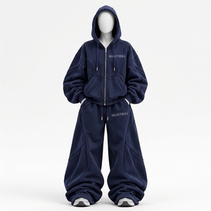 <b>Womens</b> <b>Navy</b> Blue Tracksuit Set Oversized Zip Up Hoodie Wide Leg Sweatpants Curved Panel Streetwear Two Piece Outfit - Product Image 3
