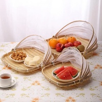 Eco Producten Geweven Bamboe Voedsel Opslag Mand Ronde Met Cover Tent Fruit Brood Dienblad Vouwen Set Met Deksel Decoratieve