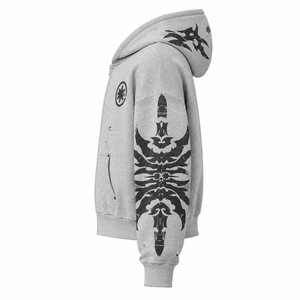 Custom 400 GSM Grey Enzyme Washed Full Zip Distressed Streetwear Hoodie With Screen Printed Sleeve Graphics - Product Image 4
