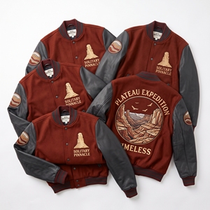 Blouson universitaire personnalisé en laine moutarde avec manches en cuir marron, broderie en forme de pyramide et motif soleil, vêtement de baseball - Product Image 5