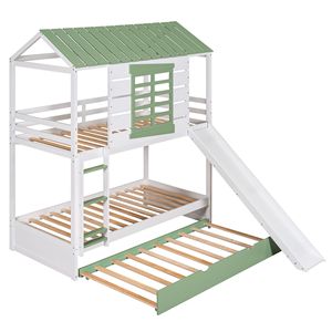 Letto a castello bianco e verde per bambini con scivolo convertibile e letto estraibile - Product Image 6