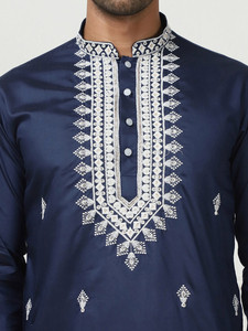 <b>Men's</b> Navy Blue Embroidered Kurta <b>Pajama</b> <b>Set</b> Traditional Indian Pakistani Ethnic Wear - Product Image 3