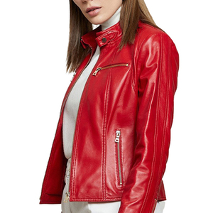 Chaqueta de Moto de Cuero PU para Mujer, Cuello Alto, Manga Larga, Cierre de Cremallera, Estilo Otoñal, Color Sólido, Largo Regular - Product Image 4