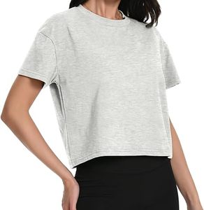 Women's Gray <b>Cropped</b> T-Shirt Gym wear Short Sleeve O-Neck Casual <b>Top</b> Knitted Cotton Solid Color Box Fit Style - Product Image 5