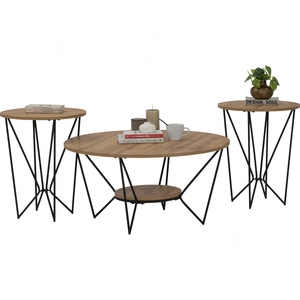 Modern Industrial Coffee <b>Table</b> and Set 3 Pack Round Wooden Top Center <b>Table</b> with Stable Metal Hairpin Wire Frame Base - Product Image 2
