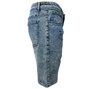 Shorts Bermuda en jean bleu clair pour homme, taille mi-haute, fermeture boutonnée, couleur unie, style décontracté déchiré, 100 % coton tissé - Product Image 2