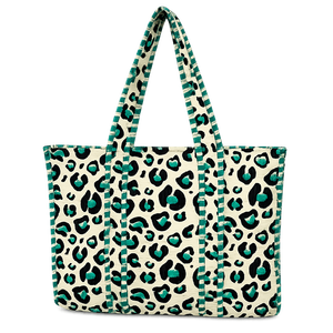 Sac fourre-tout en coton matelassé à imprimé léopard vert, grande capacité, réutilisable, écologique, sac de shopping élégant, sac de transport - Product Image 2