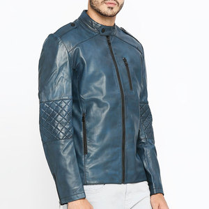 Veste de moto en cuir PU bleu pour homme, col montant, fermeture éclair, manches matelassées, coupe classique, tenue d'automne, couleur unie - Product Image 4