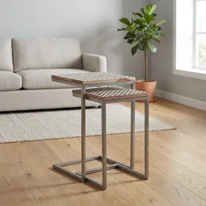 Modern Nesting Side <b>Tables</b> with Wood Bone Inlay Tops Geometric Pattern Metal Frames Living Room Accent Furniture - Product Image 4