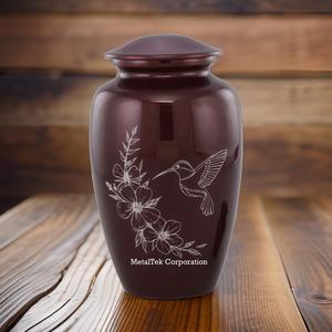 Urnes funéraires artisanales en aluminium bordeaux, gravure élégante d'oiseau colibri, urnes commémoratives durables, pots funéraires décoratifs en métal. - Product Image 4
