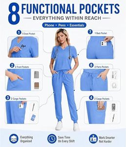 Ensemble de blouses médicales bleu clair pour femmes, manches courtes, col en V, coton et polyester tricoté, uniforme d'hôpital pour les professionnels de la santé - Product Image 2