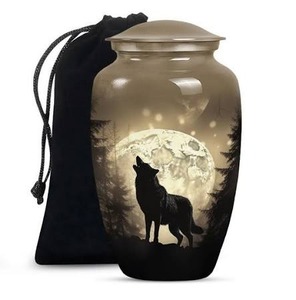 Urne funéraire noire avec motif de trois loups et scène de nuit de pleine lune, fournitures funéraires, urne commémorative avec couvercle en métal, urne durable - Product Image 5